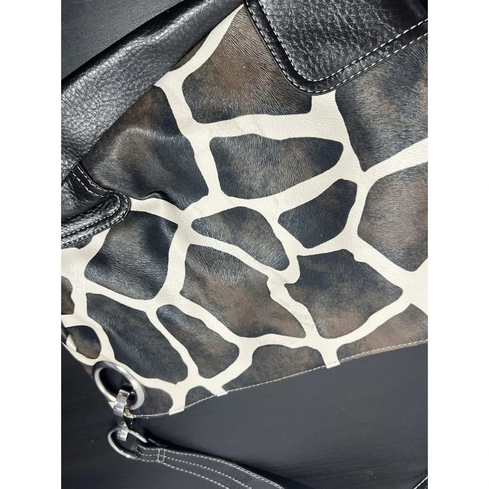 Vintage Giraffe Print Faux Fur Black Leather Hobo Shoulder Bag Handbag Purse Y2K